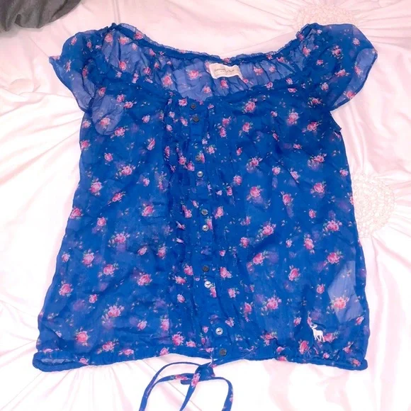 🫎 ABERCROMBIE  SHEER FLORAL ROYAL BLUE BLOuSE - Picture 2 of 6